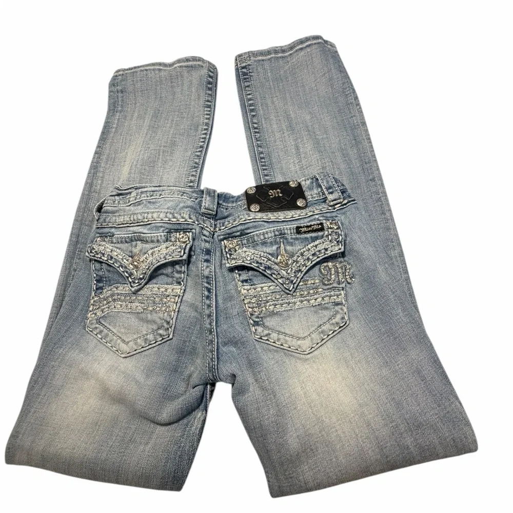 Miss Me Light Wash Embellished Flap Pocket Bootcut Jeans Sz 28 - Picture 8 of 15